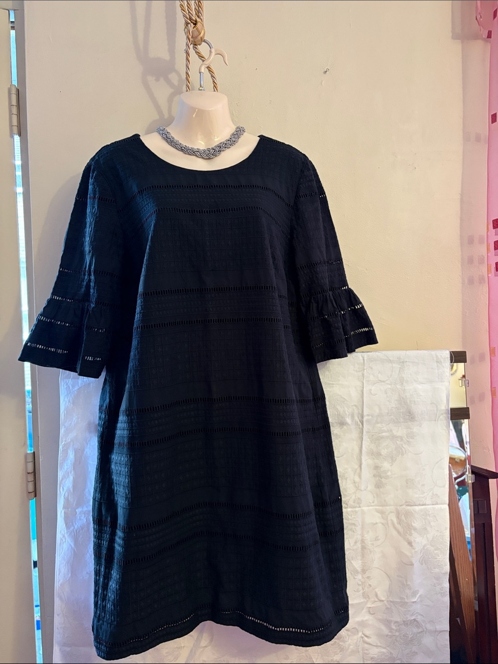 J. Crew Navy Eyelet Midi Shift Dress with Ruffle Sleeves. Cotton